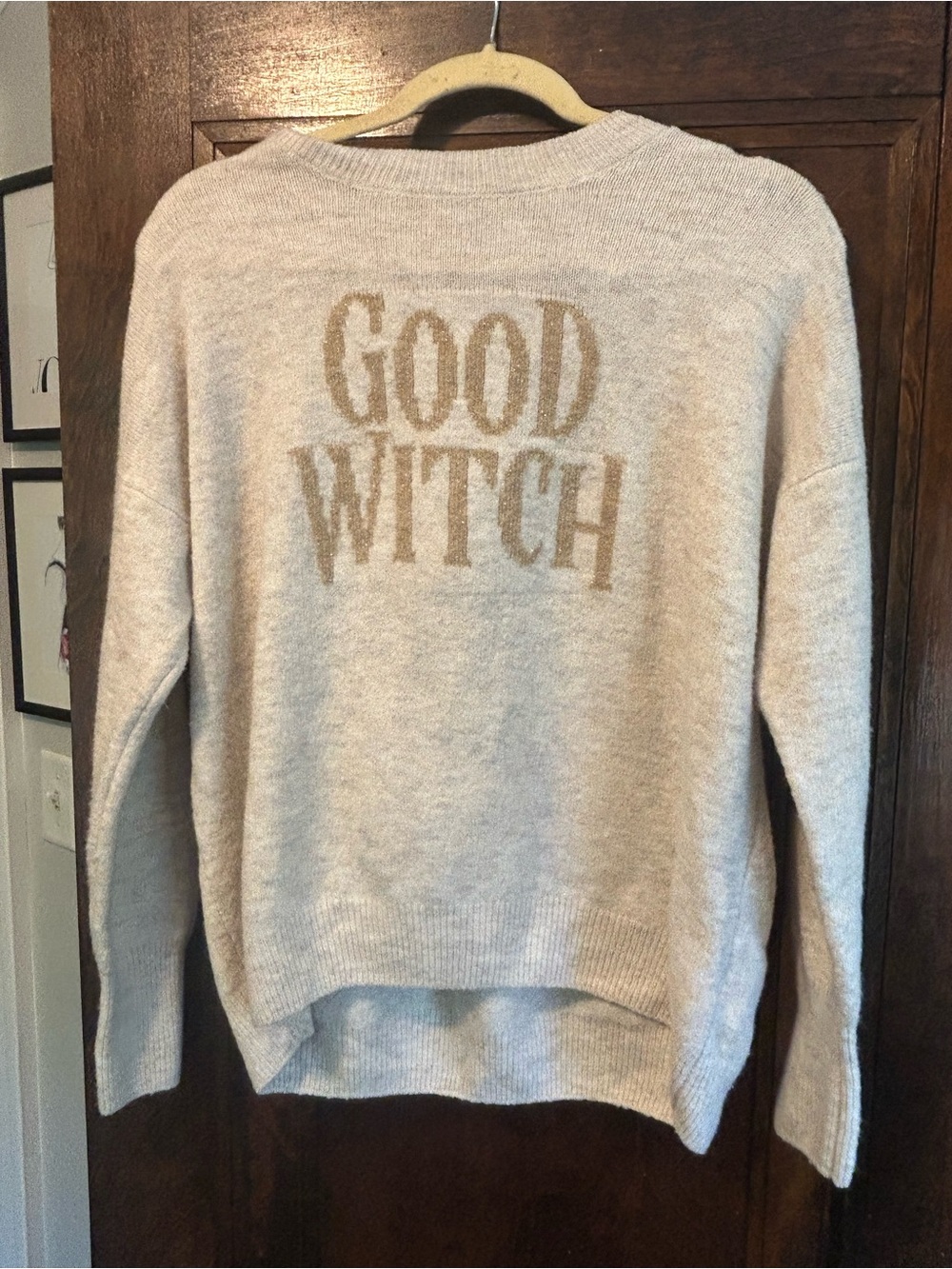 Vince Cream Knit Sweater with Gold 'GOOD WITCH' Graphic